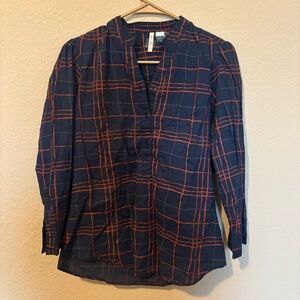 Levi’s Women’s Blue Orange Plaid Long sleeve Button No Collar Blouse, Size Med